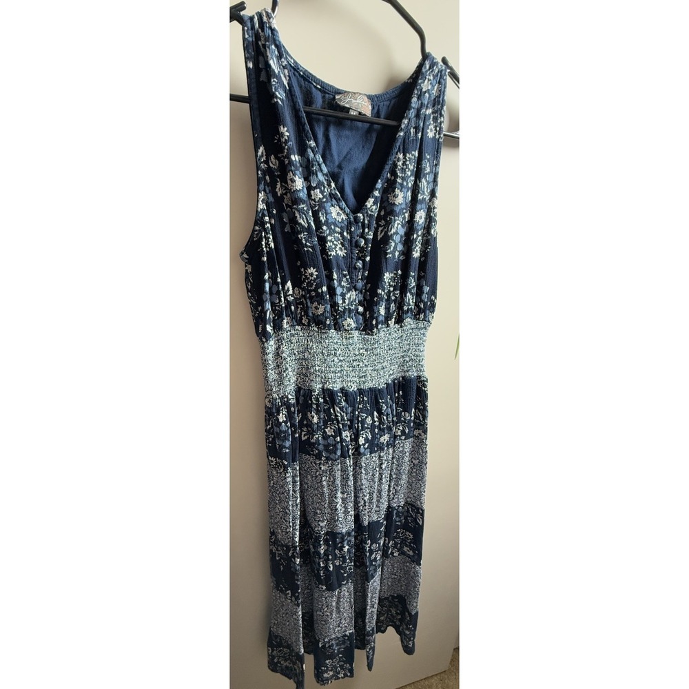J Glee Blue Floral‎ Maxi Dress Size M Sleeveless Smocked Waist